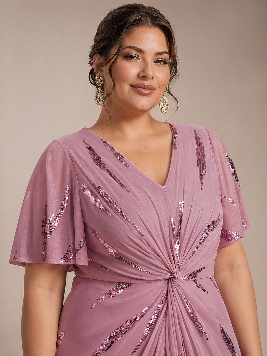 Tea Länge V Ausschnitt Etui Kleid Aus Tüll Mit Pailletten Und Schlitz Zum Binden Kleid #Farbe_Orchideenviolett