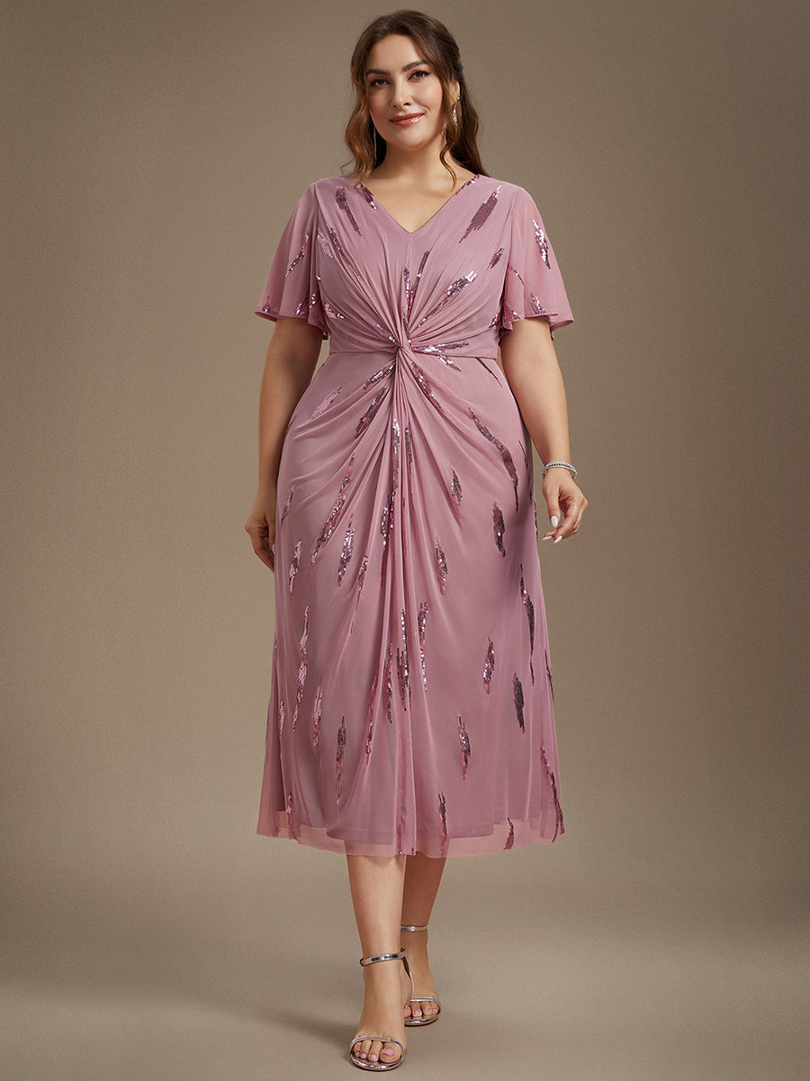 Tea Länge V Ausschnitt Etui Kleid Aus Tüll Mit Pailletten Und Schlitz Zum Binden Kleid #Farbe_Orchideenviolett