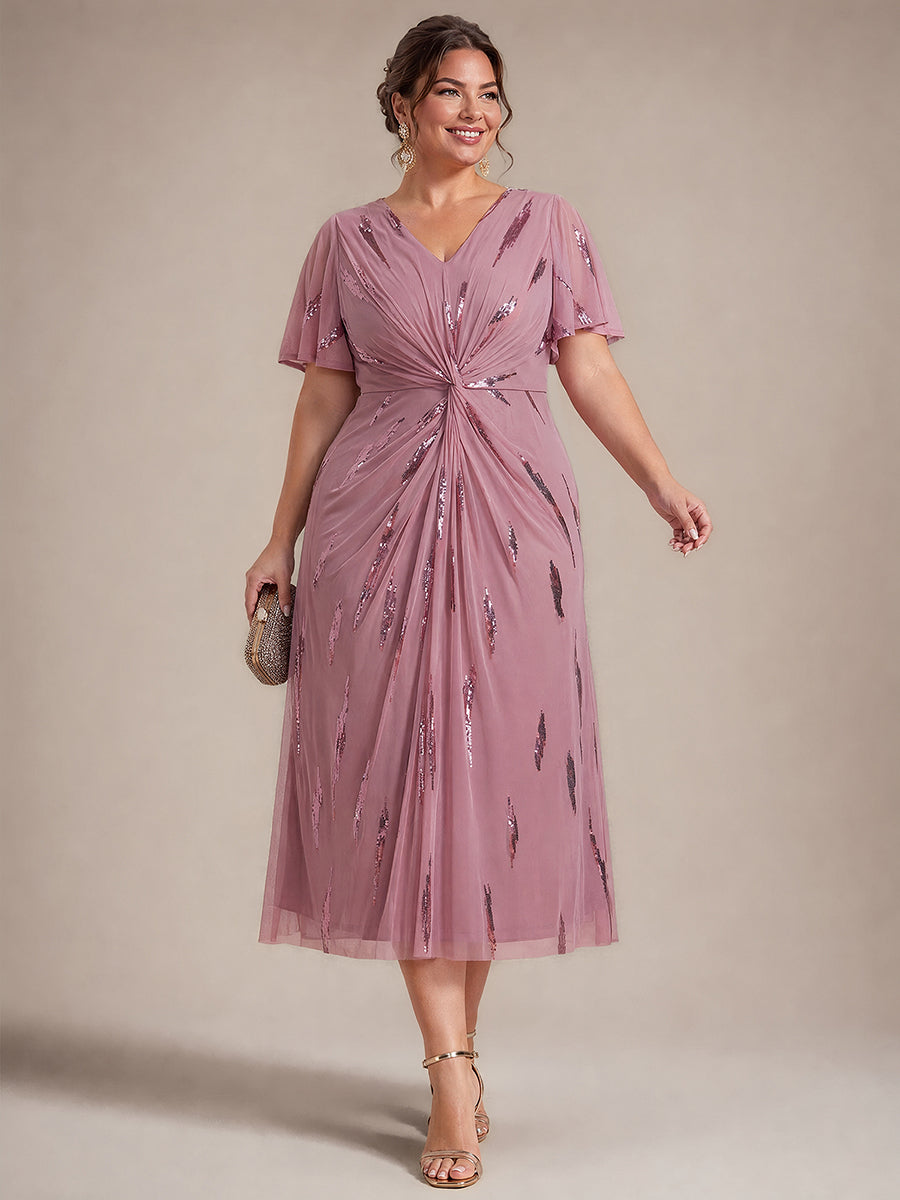 Tea Länge V Ausschnitt Etui Kleid Aus Tüll Mit Pailletten Und Schlitz Zum Binden Kleid #Farbe_Orchideenviolett