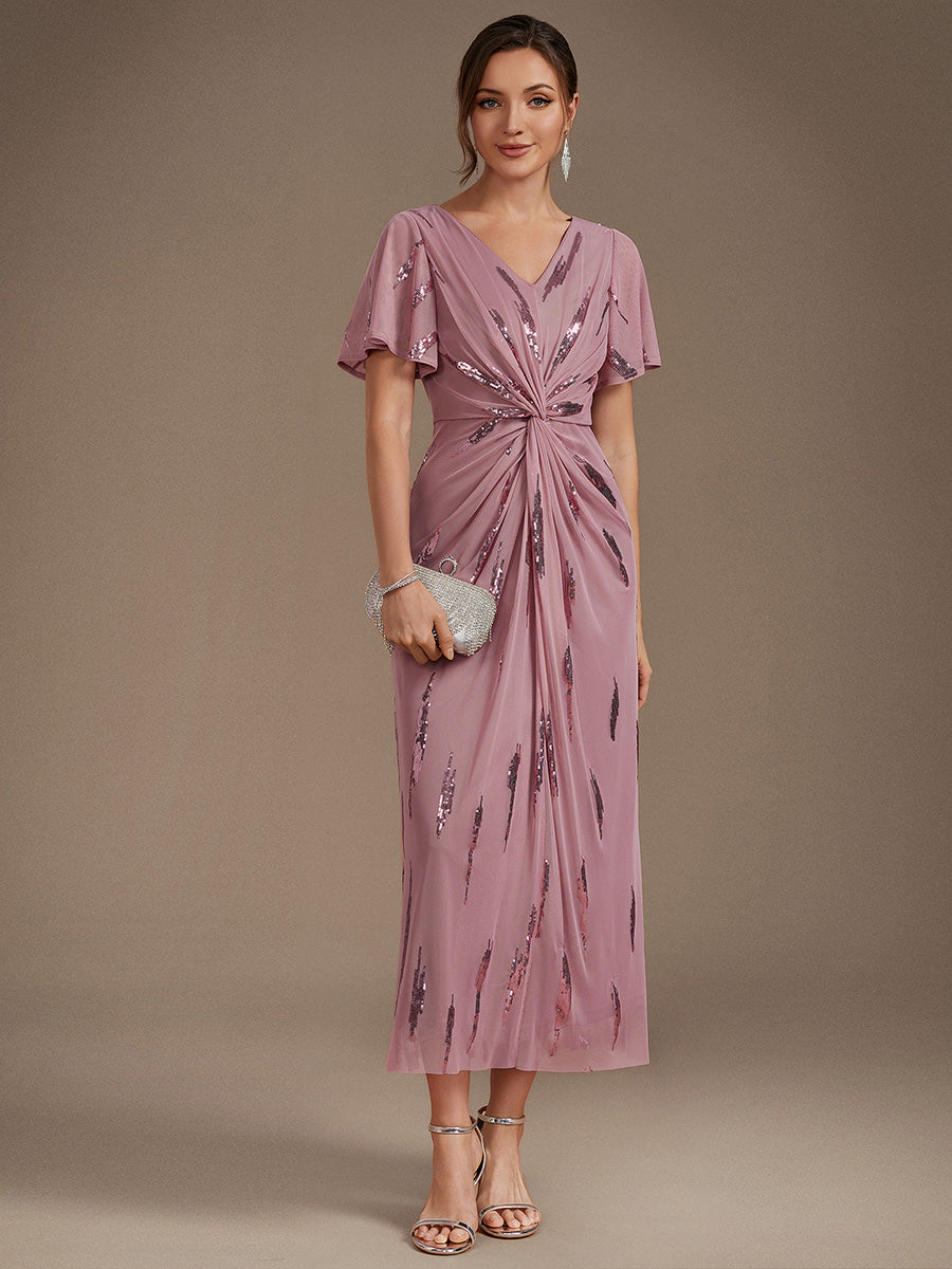 Tea Länge V Ausschnitt Etui Kleid Aus Tüll Mit Pailletten Und Schlitz Zum Binden Kleid #Farbe_Orchideenviolett