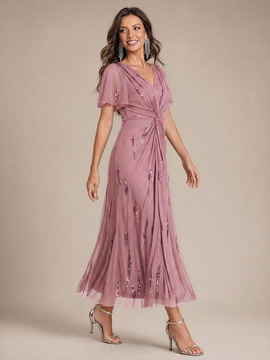 Tea Länge V Ausschnitt Etui Kleid Aus Tüll Mit Pailletten Und Schlitz Zum Binden Kleid #Farbe_Orchideenviolett