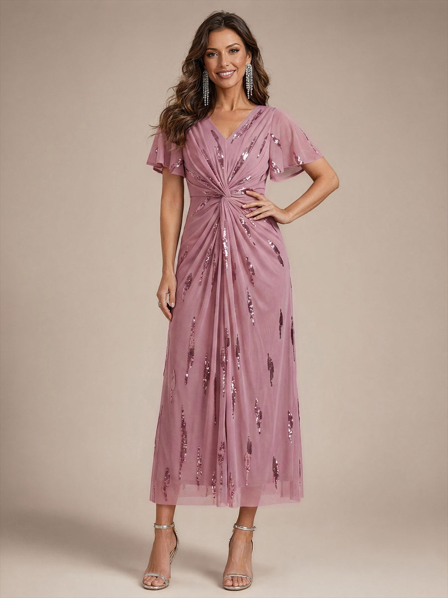 Tea Länge V Ausschnitt Etui Kleid Aus Tüll Mit Pailletten Und Schlitz Zum Binden Kleid #Farbe_Orchideenviolett