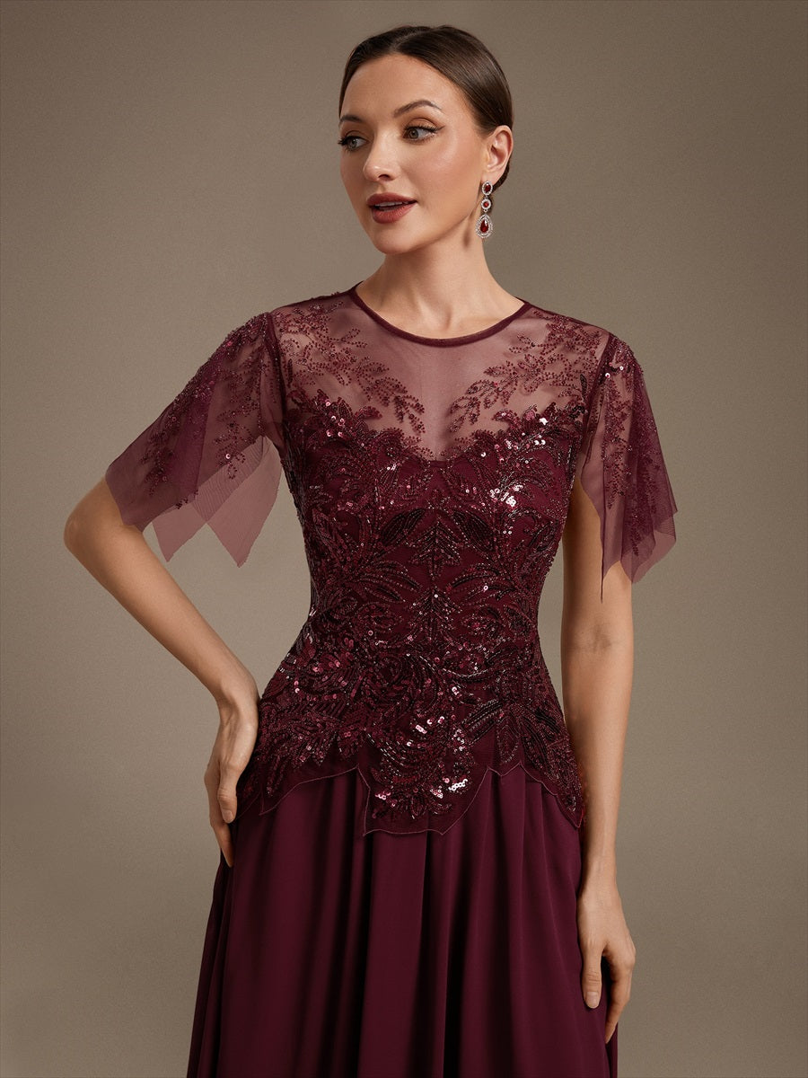 Midi Tea Länge A Linie Kleid Runder Ausschnitt Tüll Pailletten Volants Perlenbesetzt Kleid #Farbe_Burgunderrot
