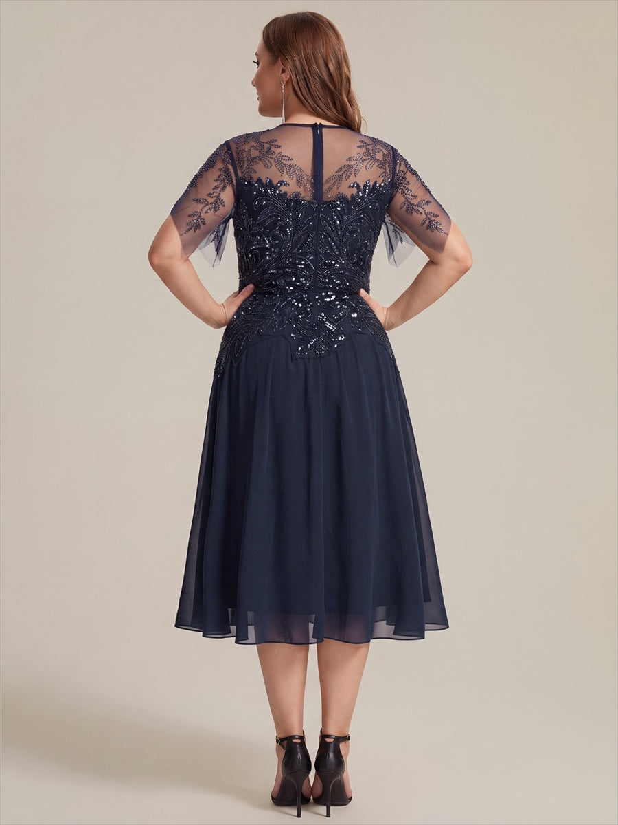 Midi Tea Länge A Linie Kleid Runder Ausschnitt Tüll Pailletten Volants Perlenbesetzt Kleid #Farbe_Marineblau