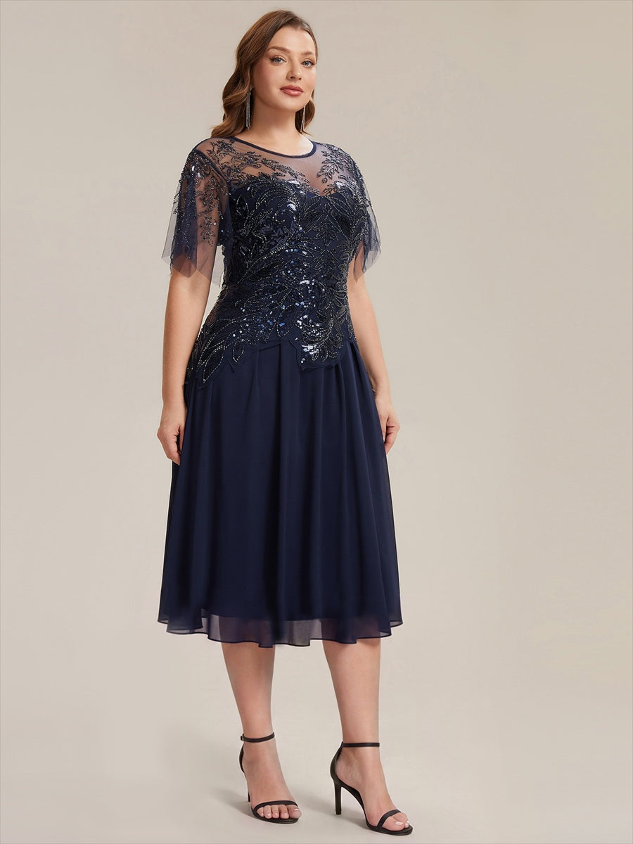 Midi Tea Länge A Linie Kleid Runder Ausschnitt Tüll Pailletten Volants Perlenbesetzt Kleid #Farbe_Marineblau