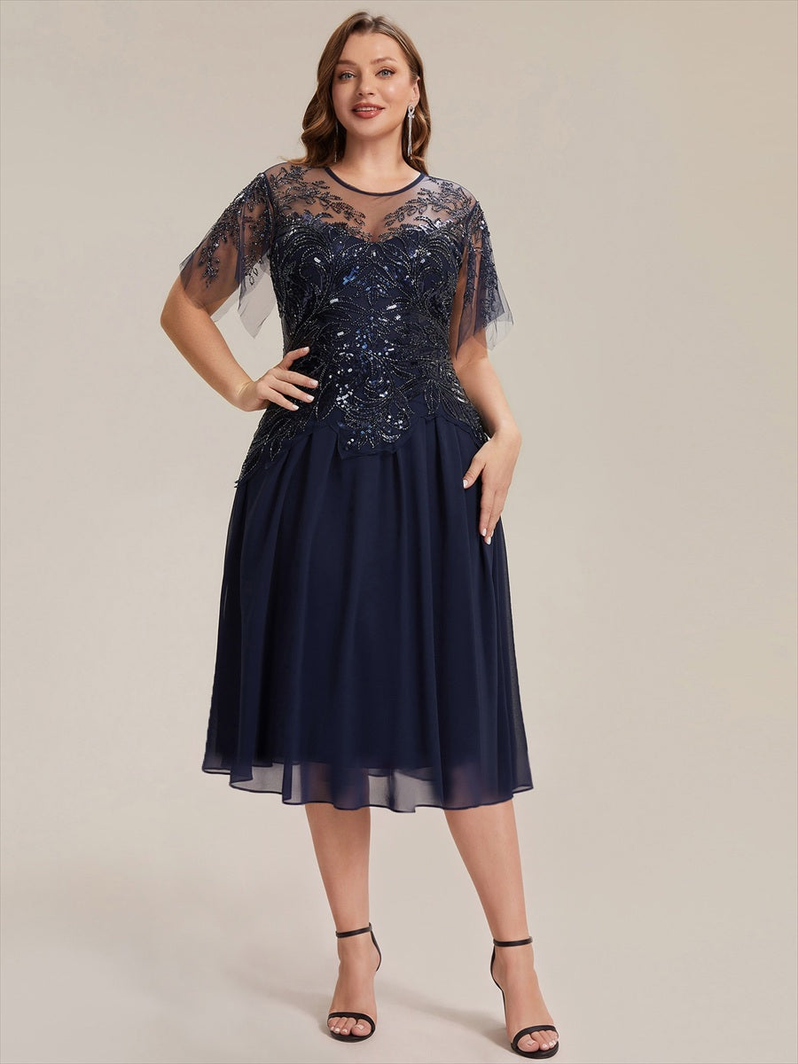 Midi Tea Länge A Linie Kleid Runder Ausschnitt Tüll Pailletten Volants Perlenbesetzt Kleid #Farbe_Marineblau