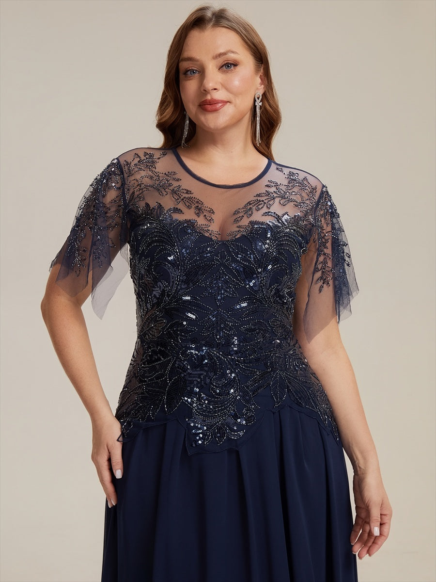 Midi Tea Länge A Linie Kleid Runder Ausschnitt Tüll Pailletten Volants Perlenbesetzt Kleid #Farbe_Marineblau