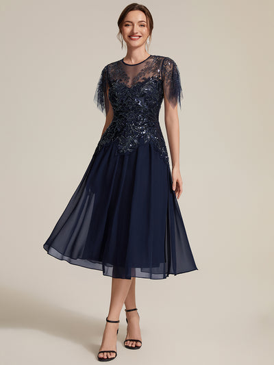 Midi Tea Länge A Linie Kleid Runder Ausschnitt Tüll Pailletten Volants Perlenbesetzt Kleid #Farbe_Marineblau