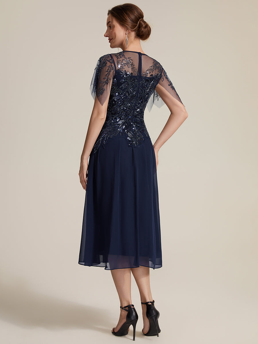 Midi Tea Länge A Linie Kleid Runder Ausschnitt Tüll Pailletten Volants Perlenbesetzt Kleid #Farbe_Marineblau