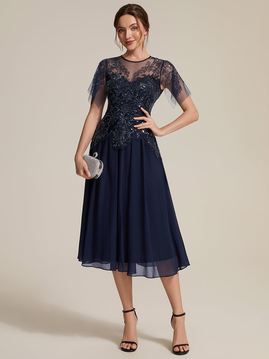 Midi Tea Länge A Linie Kleid Runder Ausschnitt Tüll Pailletten Volants Perlenbesetzt Kleid #Farbe_Marineblau