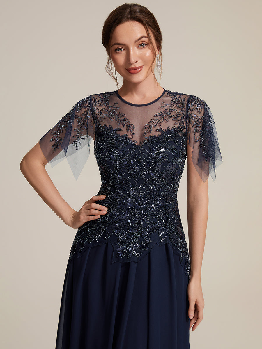 Midi Tea Länge A Linie Kleid Runder Ausschnitt Tüll Pailletten Volants Perlenbesetzt Kleid #Farbe_Marineblau
