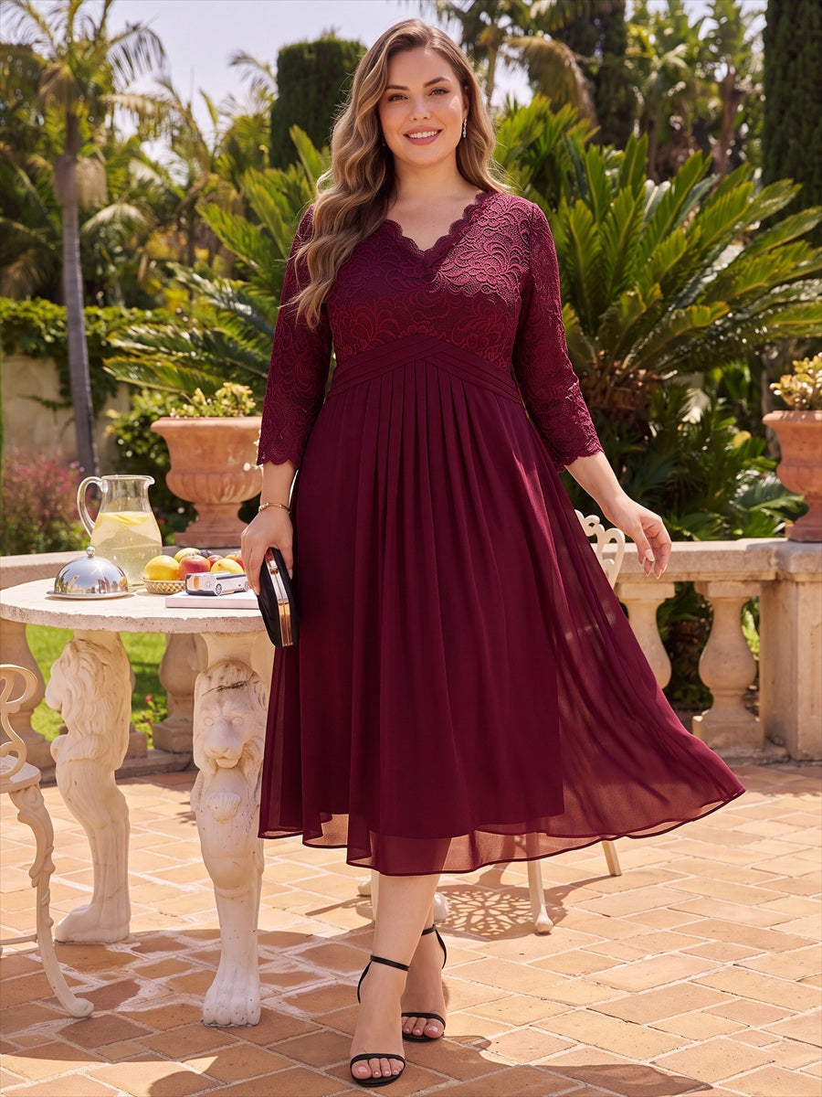 Midi Tee Länge V Ausschnitt Etui Kleid Aus Spitze Elegantes Design Für Besondere Anlässe #Farbe_Burgunderrot