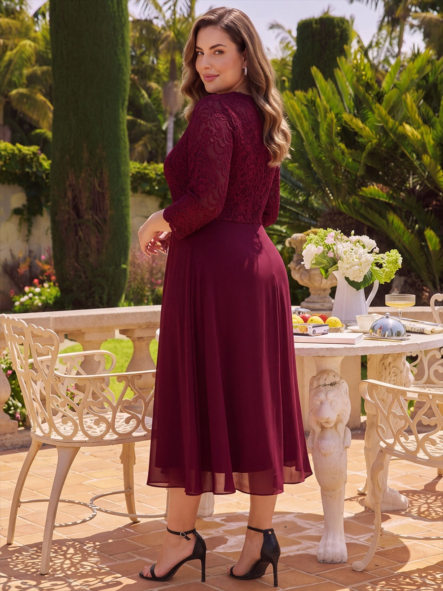 Midi Tee Länge V Ausschnitt Etui Kleid Aus Spitze Elegantes Design Für Besondere Anlässe #Farbe_Burgunderrot