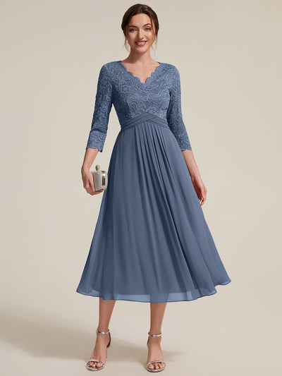 Midi Tee Länge V Ausschnitt Etui Kleid Aus Spitze Elegantes Design Für Besondere Anlässe #Farbe_Taubenblau