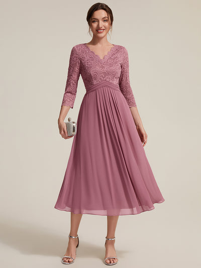 Midi Tee Länge V Ausschnitt Etui Kleid Aus Spitze Elegantes Design Für Besondere Anlässe #Farbe_Orchideenviolett