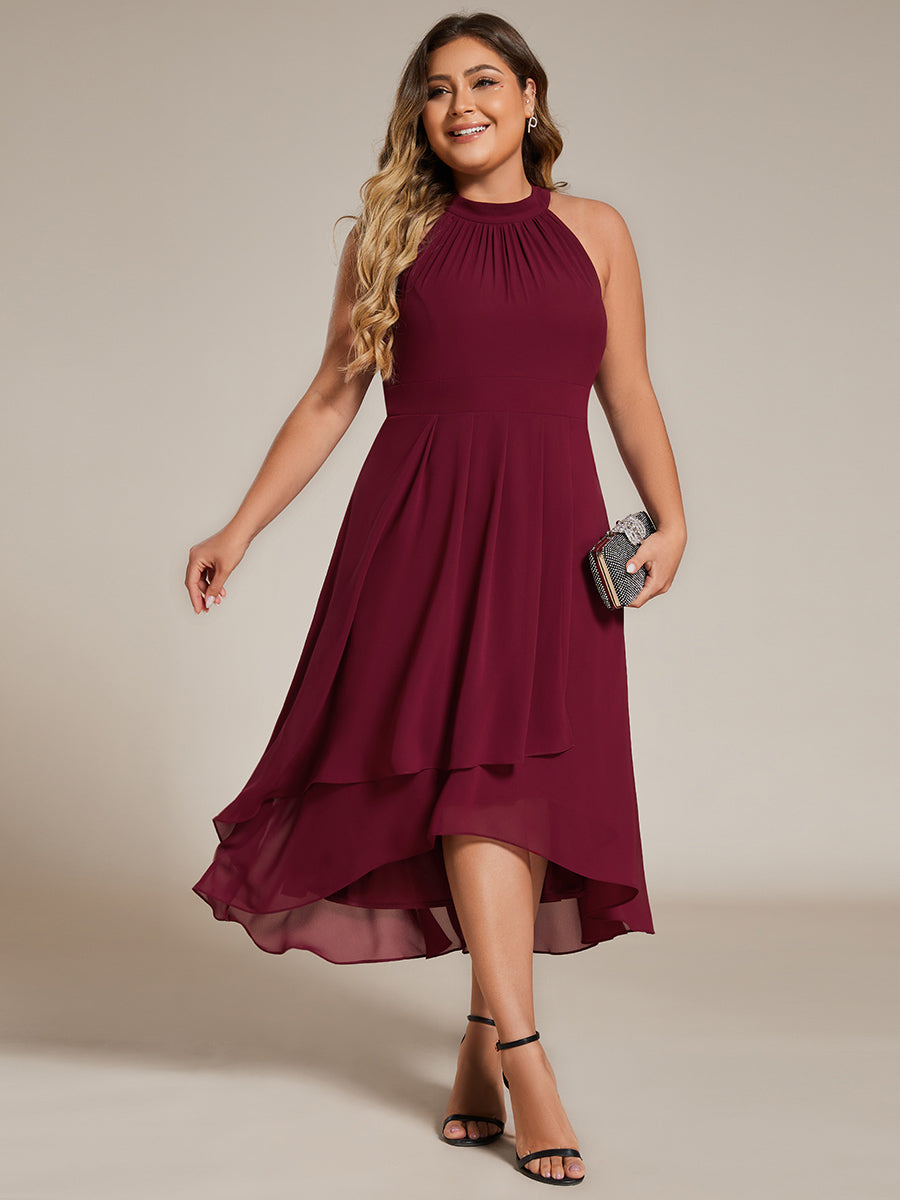 Hochtief Halterneck A-Linie Chiffon Kleid Mit Raffungen #Farbe_Burgunderrot