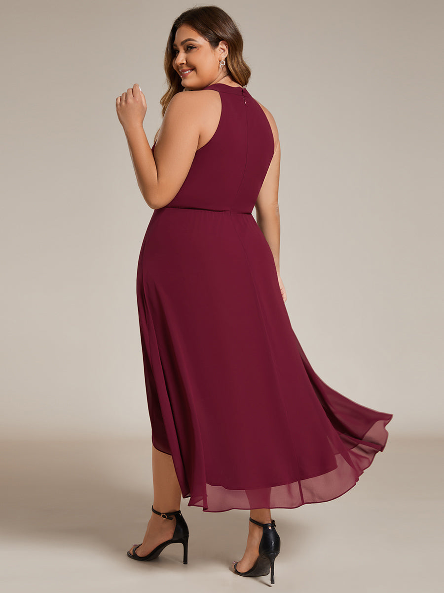 Hochtief Halterneck A-Linie Chiffon Kleid Mit Raffungen #Farbe_Burgunderrot