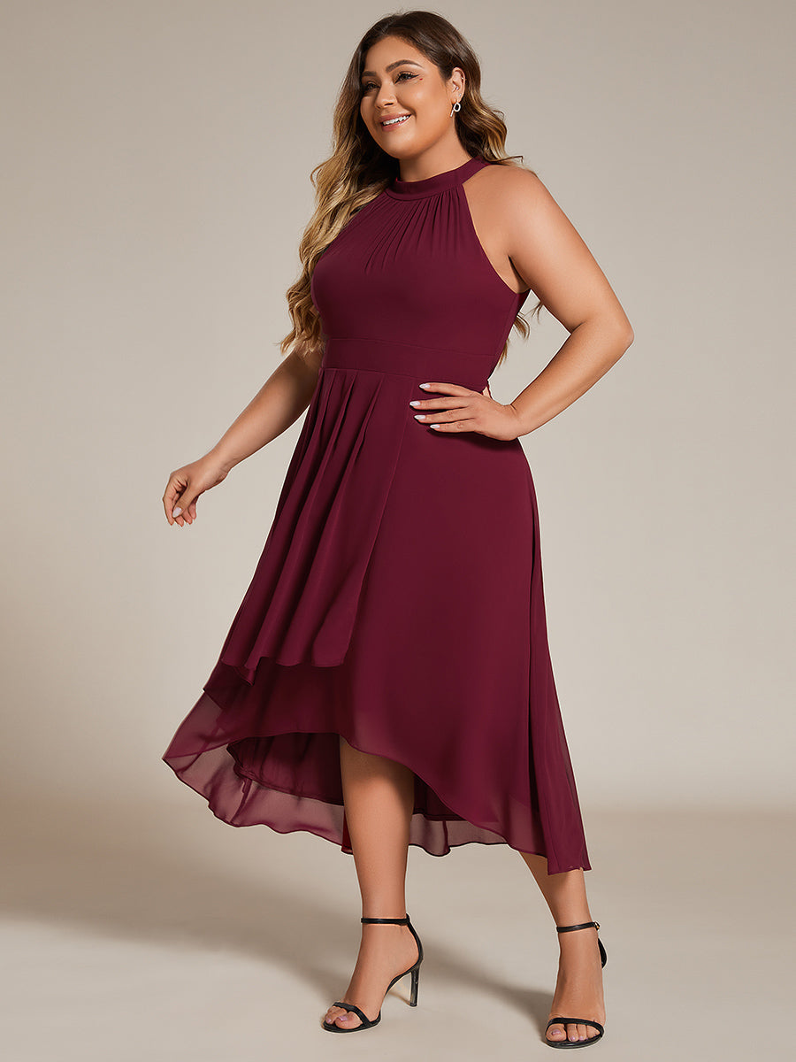 Hochtief Halterneck A-Linie Chiffon Kleid Mit Raffungen #Farbe_Burgunderrot