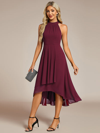 Hochtief Halterneck A-Linie Chiffon Kleid Mit Raffungen #Farbe_Burgunderrot