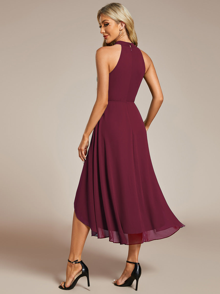Hochtief Halterneck A-Linie Chiffon Kleid Mit Raffungen #Farbe_Burgunderrot