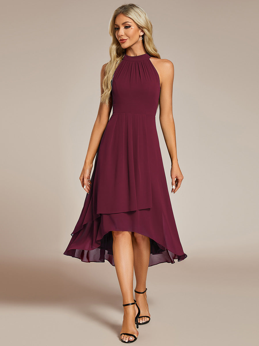 Hochtief Halterneck A-Linie Chiffon Kleid Mit Raffungen #Farbe_Burgunderrot