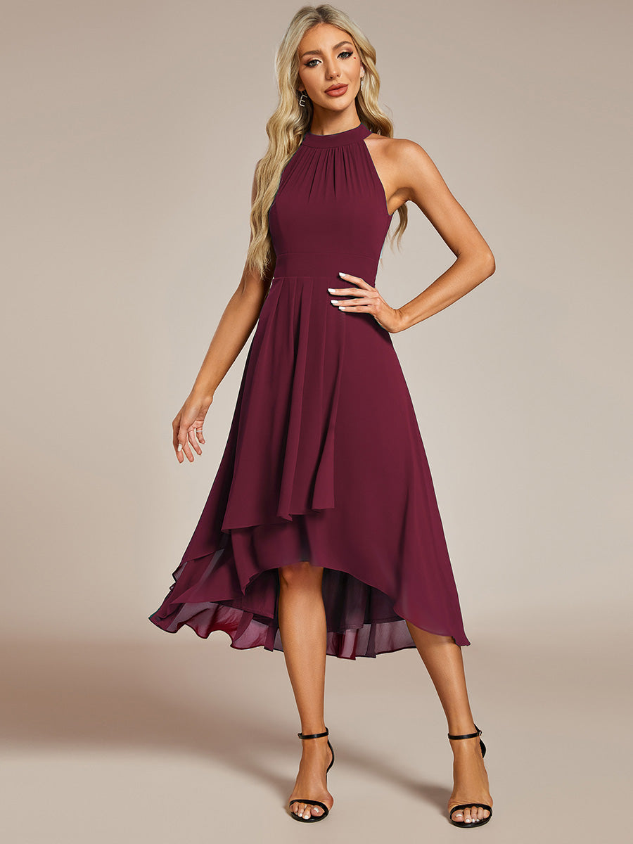 Hochtief Halterneck A-Linie Chiffon Kleid Mit Raffungen #Farbe_Burgunderrot
