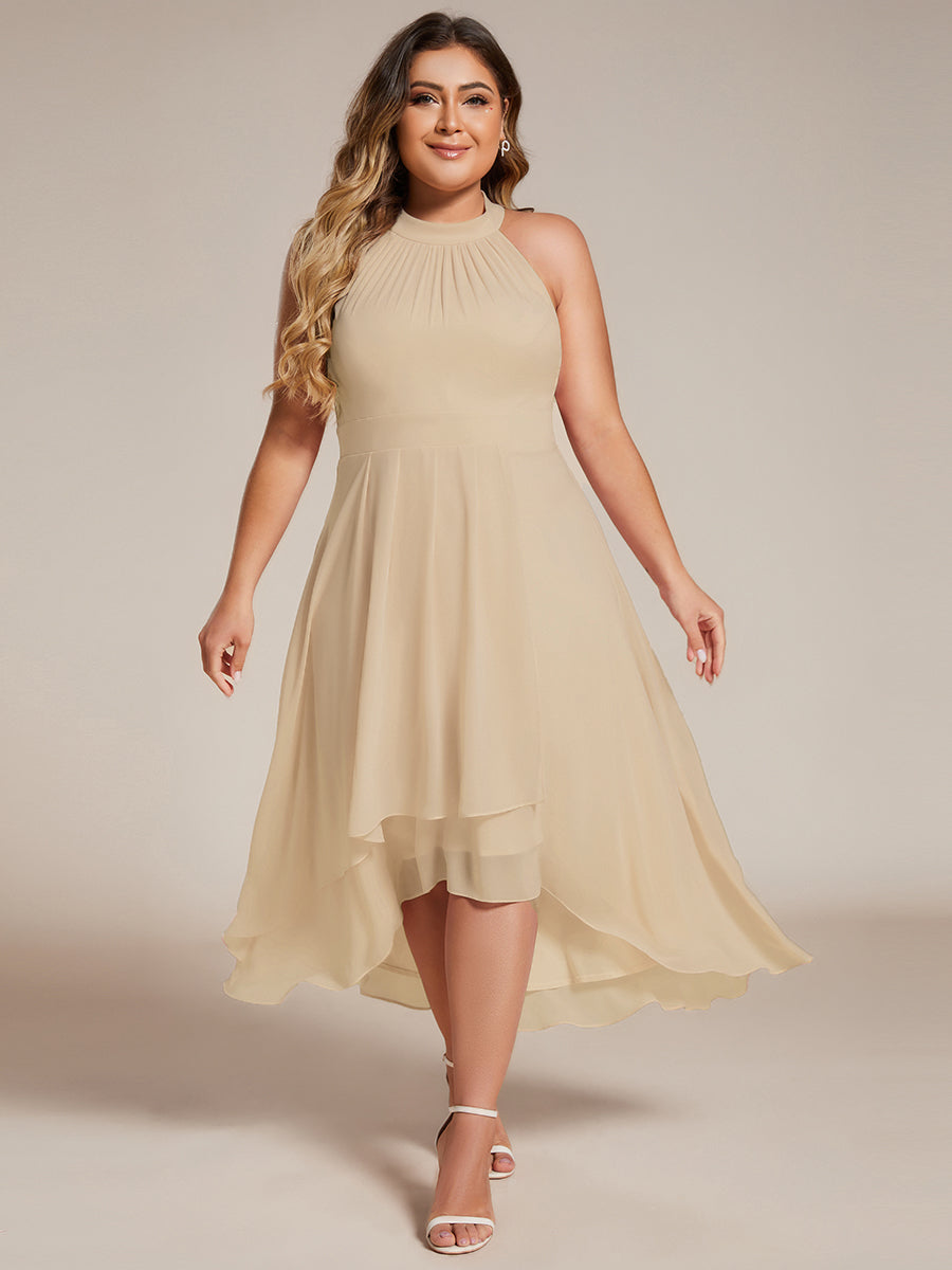 Hochtief Halterneck A-Linie Chiffon Kleid Mit Raffungen #Farbe_Champagner