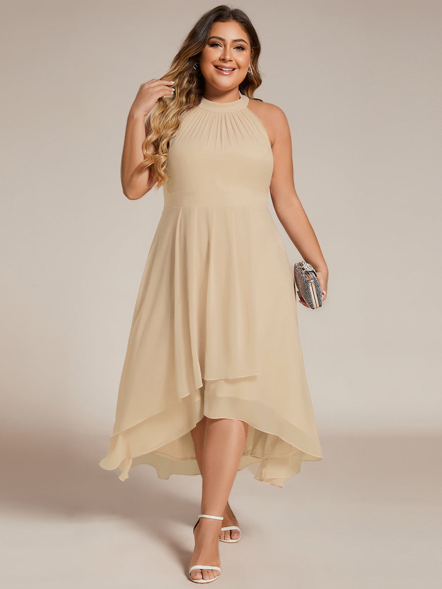 Hochtief Halterneck A-Linie Chiffon Kleid Mit Raffungen #Farbe_Champagner