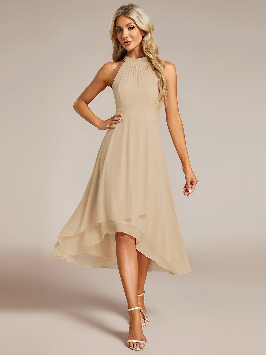 Hochtief Halterneck A-Linie Chiffon Kleid Mit Raffungen #Farbe_Champagner