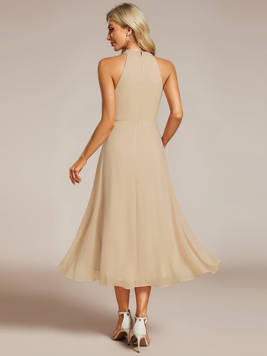 Hochtief Halterneck A-Linie Chiffon Kleid Mit Raffungen #Farbe_Champagner