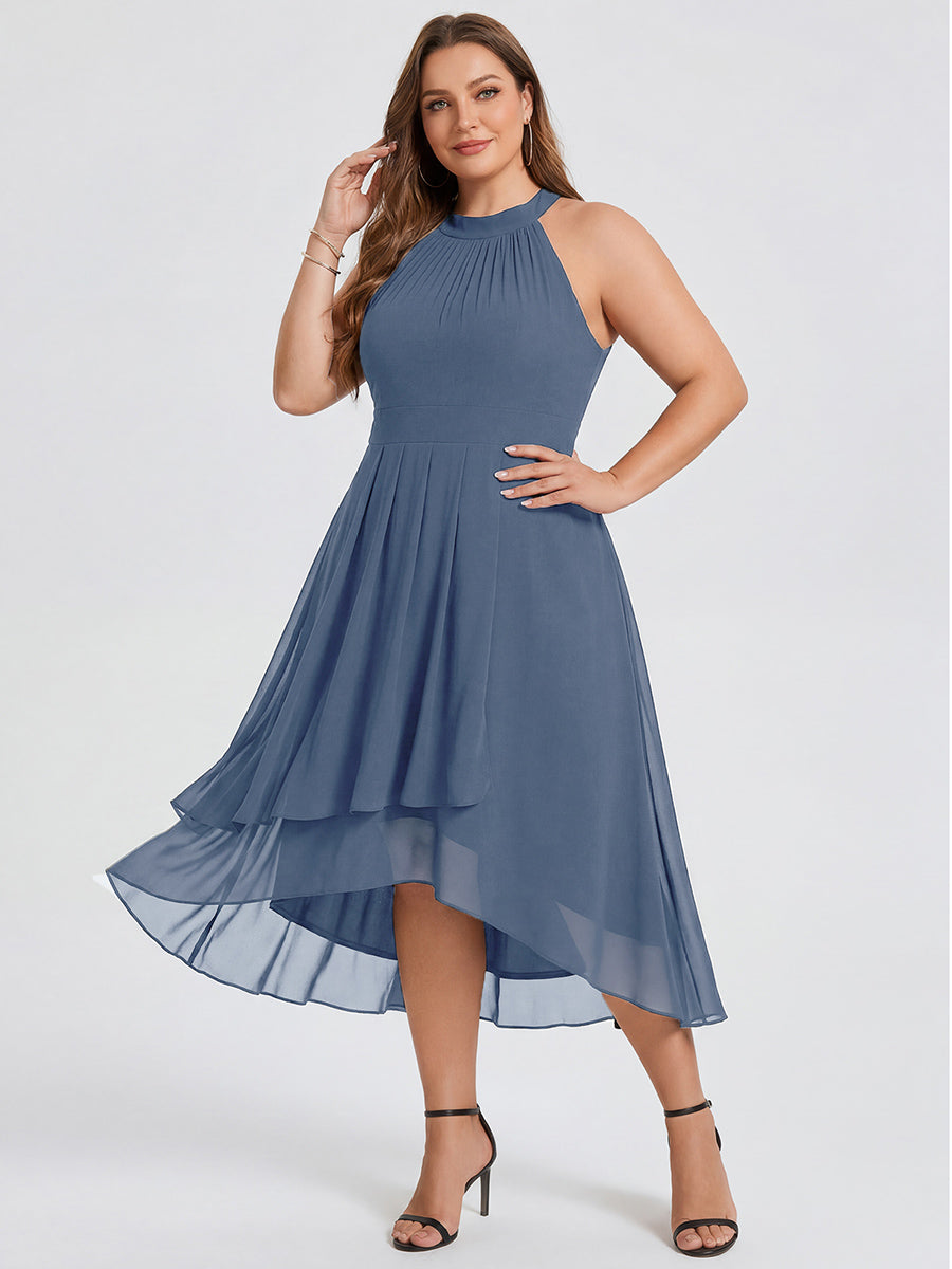 Hochtief Halterneck A-Linie Chiffon Kleid Mit Raffungen #Farbe_Taubenblau