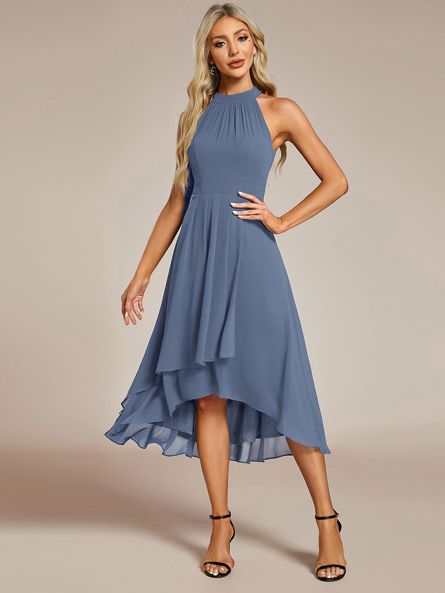 Hochtief Halterneck A-Linie Chiffon Kleid Mit Raffungen #Farbe_Taubenblau