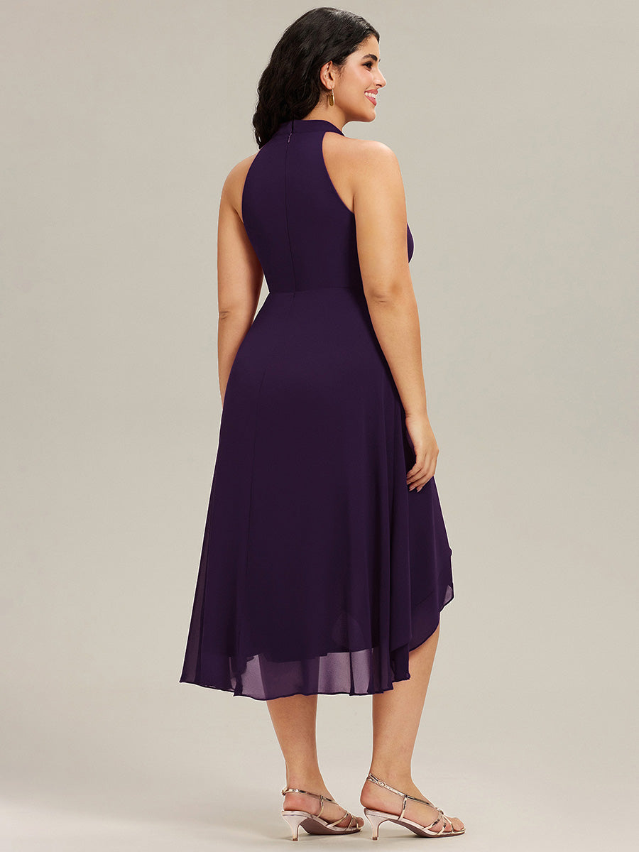 Hochtief Halterneck A-Linie Chiffon Kleid Mit Raffungen #Farbe_Dunkelviolett