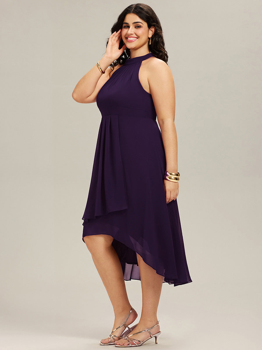 Hochtief Halterneck A-Linie Chiffon Kleid Mit Raffungen #Farbe_Dunkelviolett