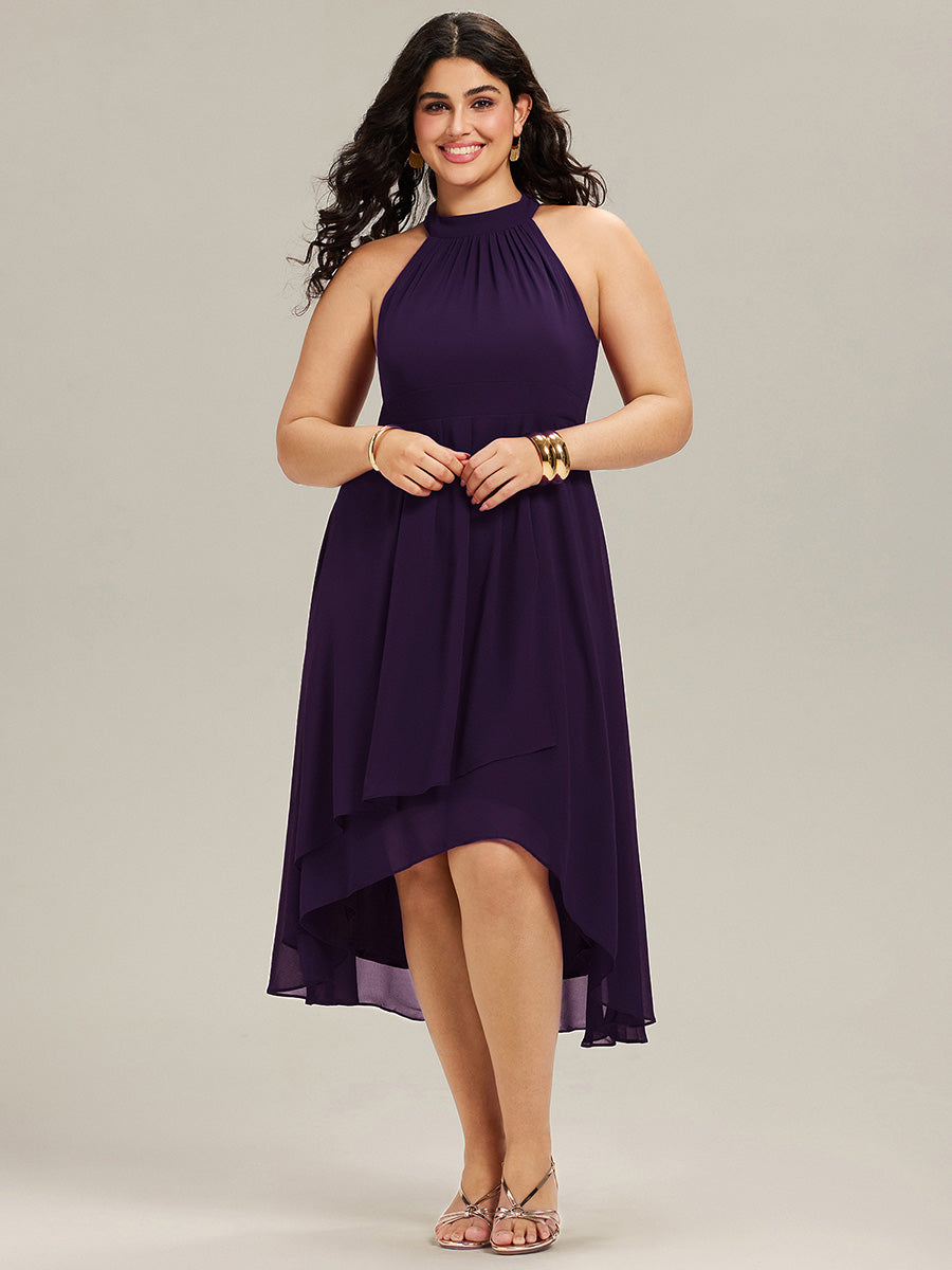 Hochtief Halterneck A-Linie Chiffon Kleid Mit Raffungen #Farbe_Dunkelviolett