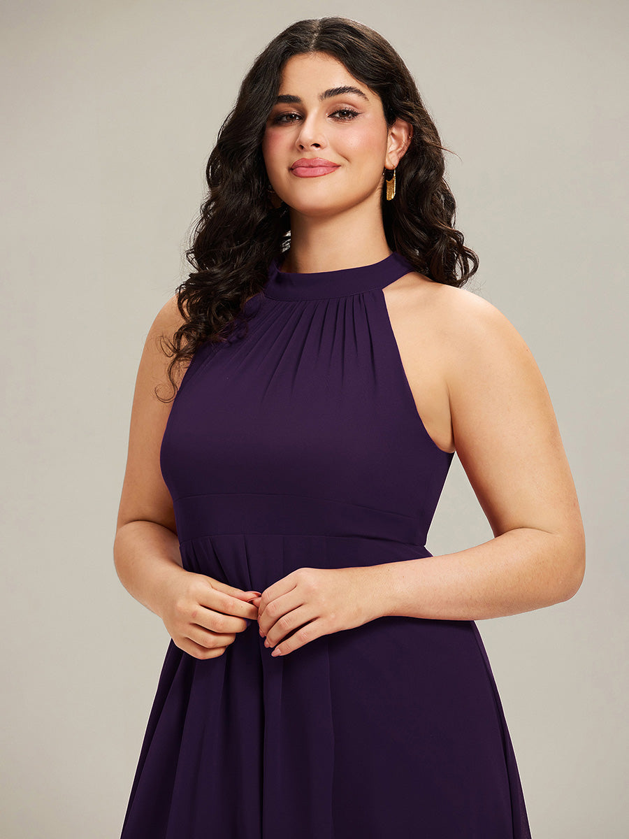 Hochtief Halterneck A-Linie Chiffon Kleid Mit Raffungen #Farbe_Dunkelviolett