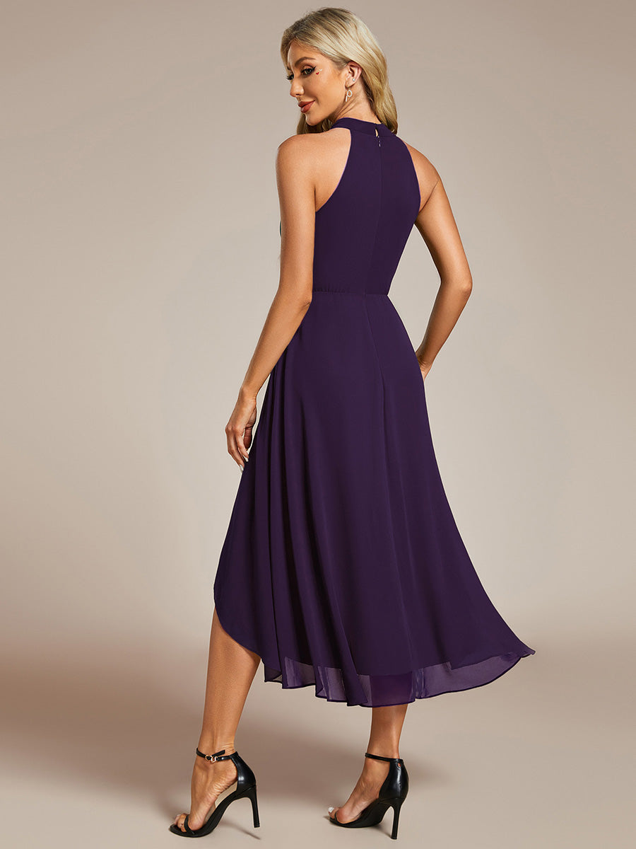 Hochtief Halterneck A-Linie Chiffon Kleid Mit Raffungen #Farbe_Dunkelviolett