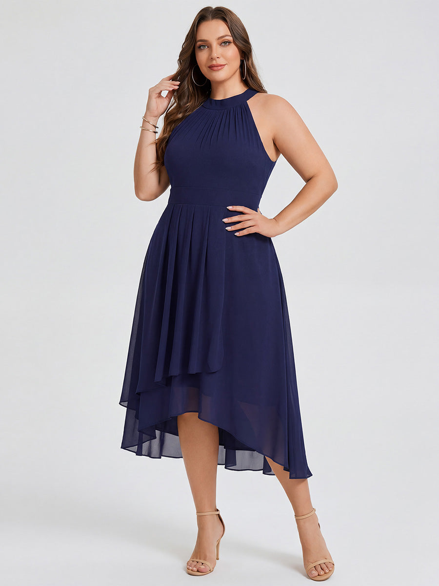 Hochtief Halterneck A-Linie Chiffon Kleid Mit Raffungen #Farbe_Marineblau