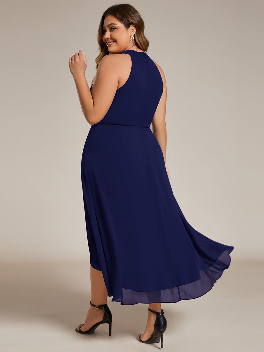 Hochtief Halterneck A-Linie Chiffon Kleid Mit Raffungen #Farbe_Marineblau