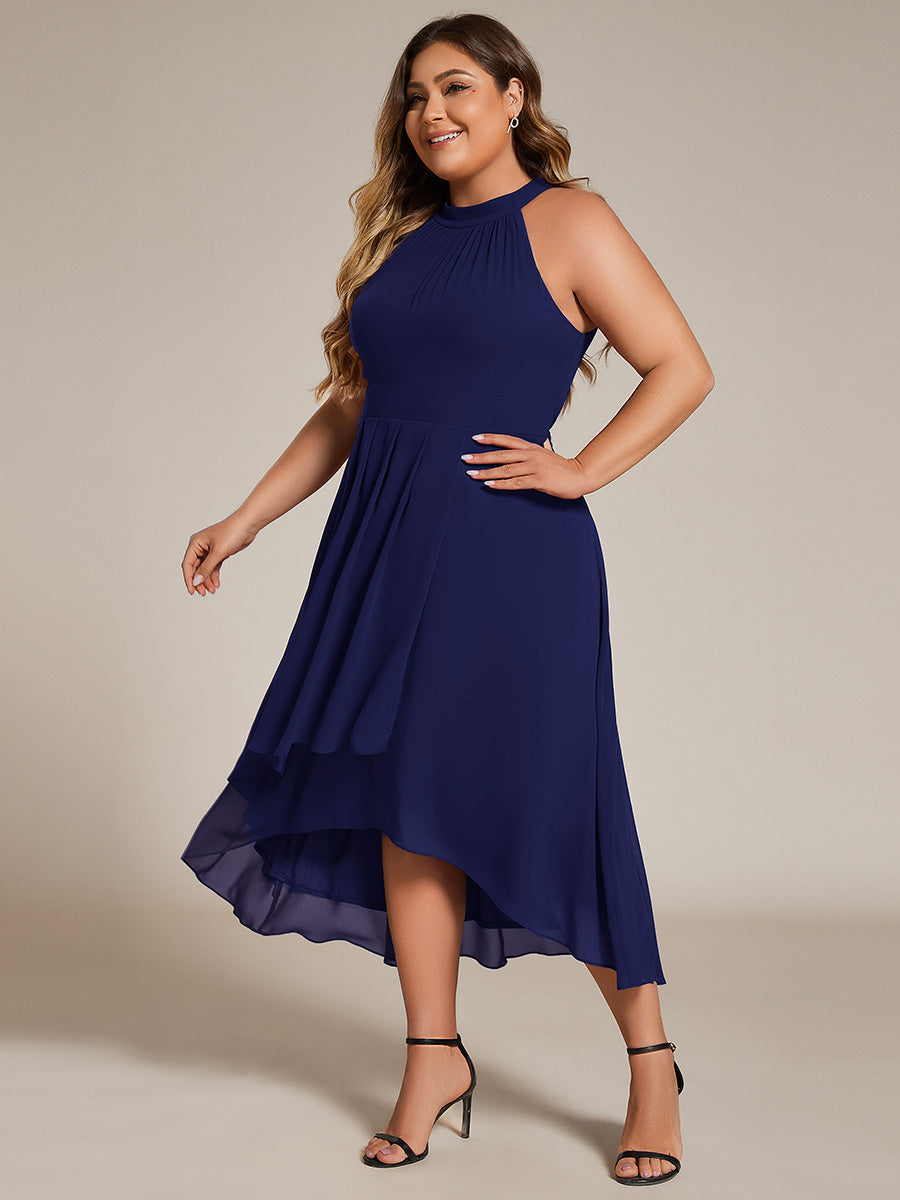 Hochtief Halterneck A-Linie Chiffon Kleid Mit Raffungen #Farbe_Marineblau