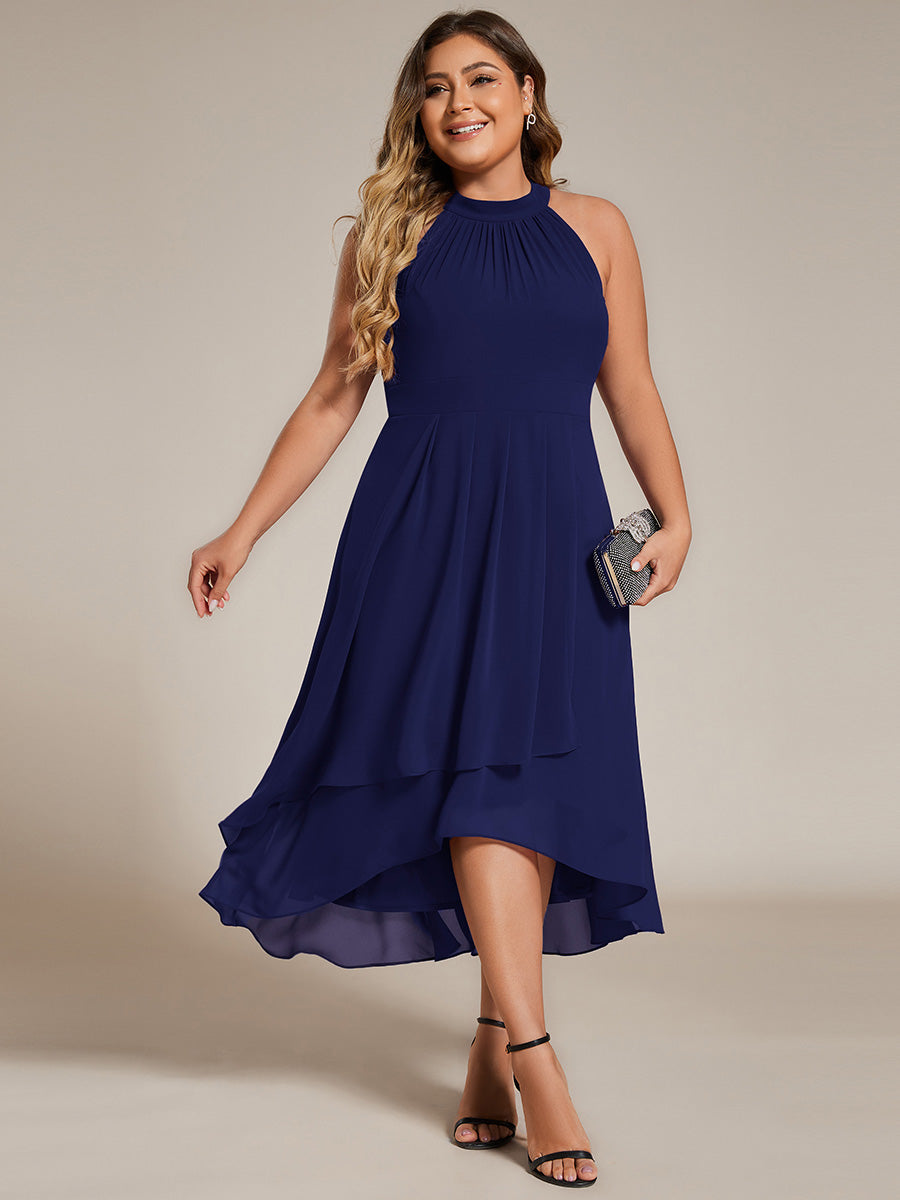 Hochtief Halterneck A-Linie Chiffon Kleid Mit Raffungen #Farbe_Marineblau