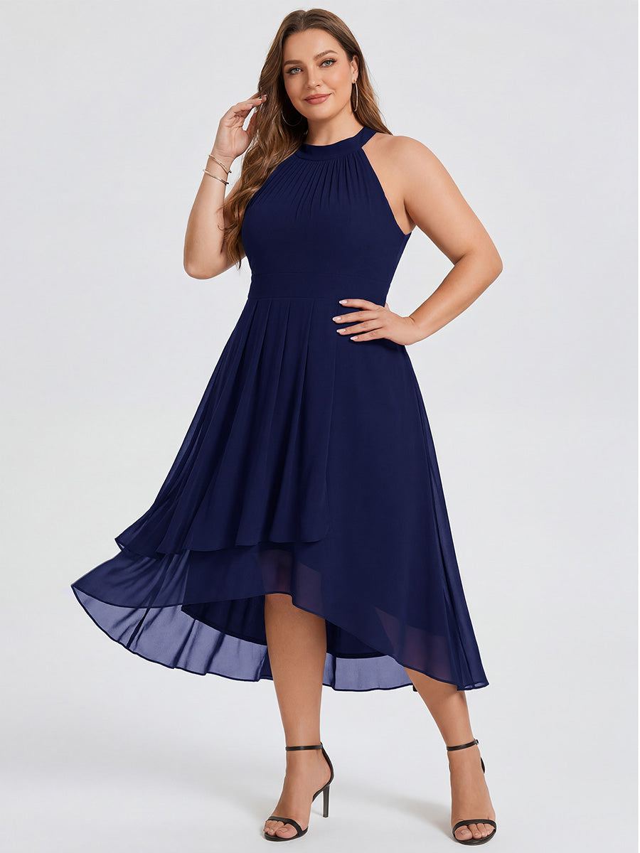 Hochtief Halterneck A-Linie Chiffon Kleid Mit Raffungen #Farbe_Marineblau