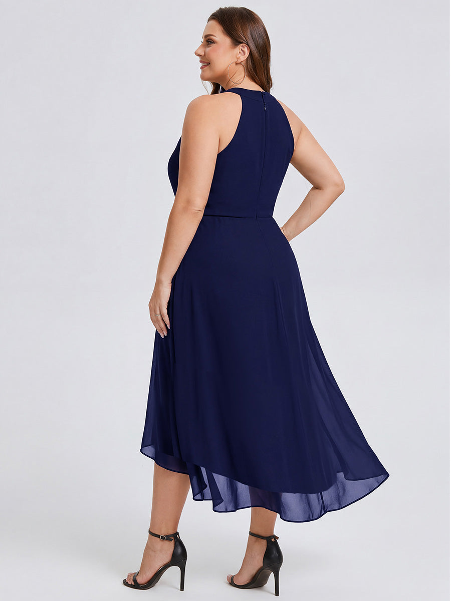 Hochtief Halterneck A-Linie Chiffon Kleid Mit Raffungen #Farbe_Marineblau