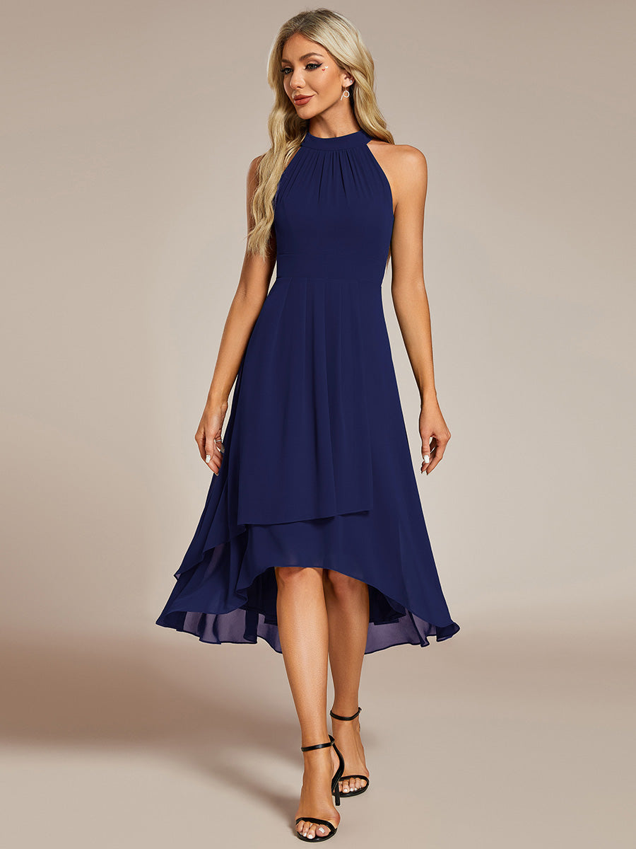 Hochtief Halterneck A-Linie Chiffon Kleid Mit Raffungen #Farbe_Marineblau