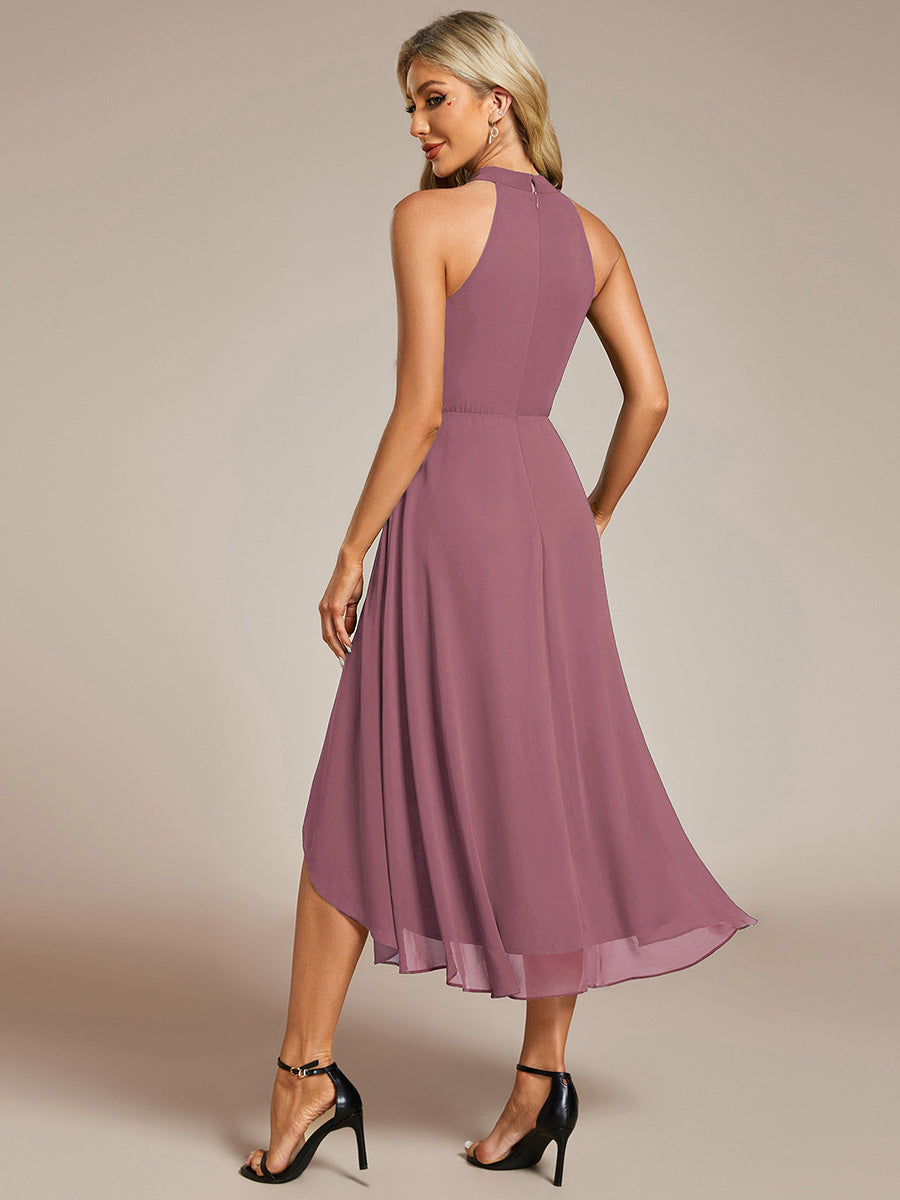 Hochtief Halterneck A-Linie Chiffon Kleid Mit Raffungen #Farbe_Orchideenviolett