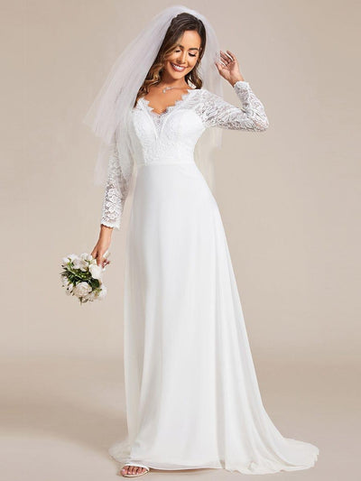 Elegantes A-Linien-Brautkleid aus Spitze und Chiffon mit langen ?rmeln #Farbe_Weiß