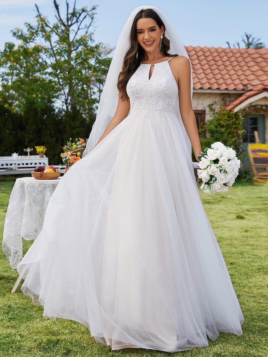 A-Linien-Brautkleid aus Tuell mit Neckholder und Applikationen in Elfenbein #Farbe_Elfenbein
