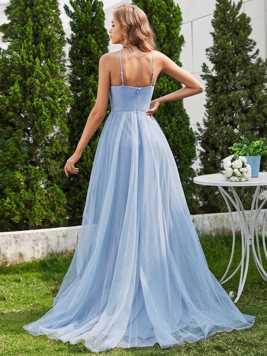 A-Linien-Brautkleid aus Tuell mit Neckholder und Applikationen in Hellblau #Farbe_Hellblau