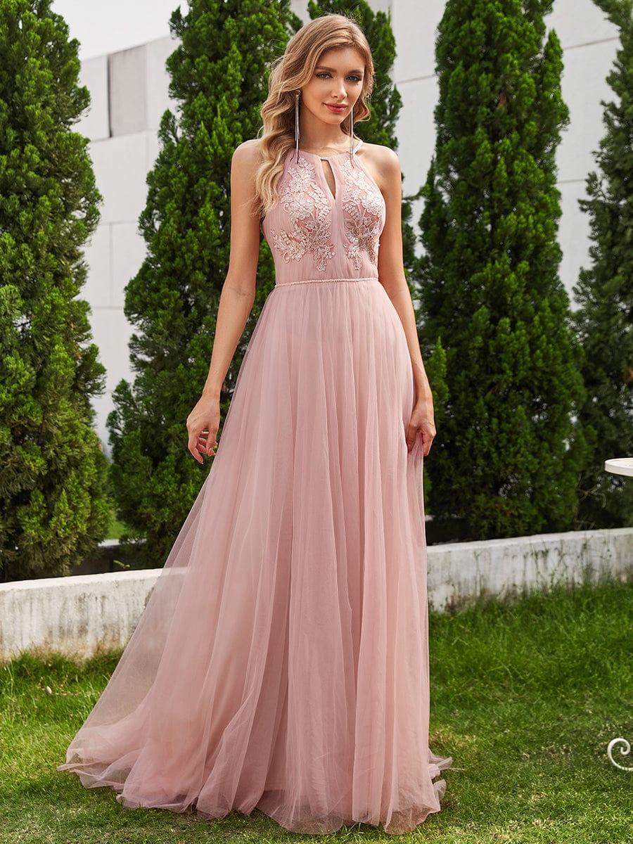 A-Linien-Brautkleid aus Tuell mit Neckholder und Applikationen in Rosa #Farbe_Rosa