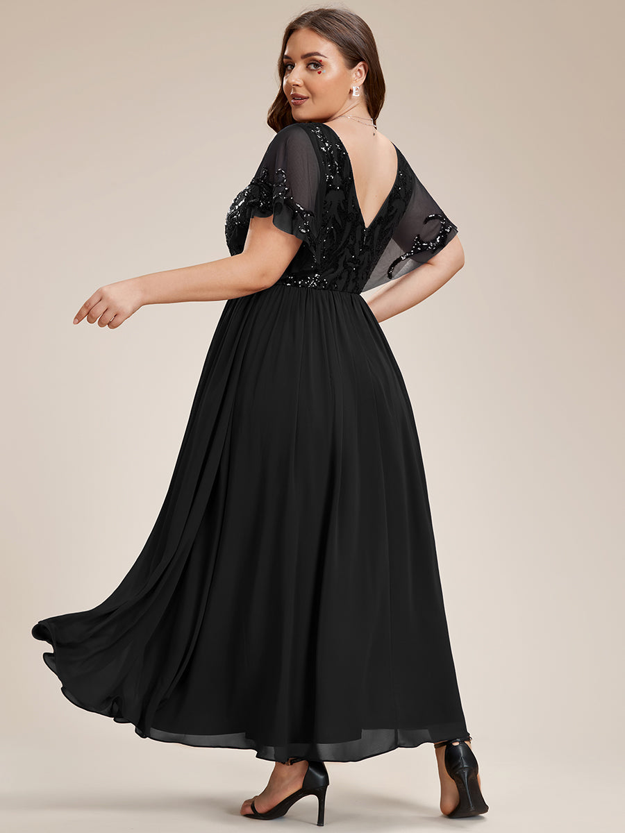 Größe Nach Maß V-Ausschnitt Kurzarm Pailletten Mieder Kleid für die Brautmutter #farbe_Schwarz